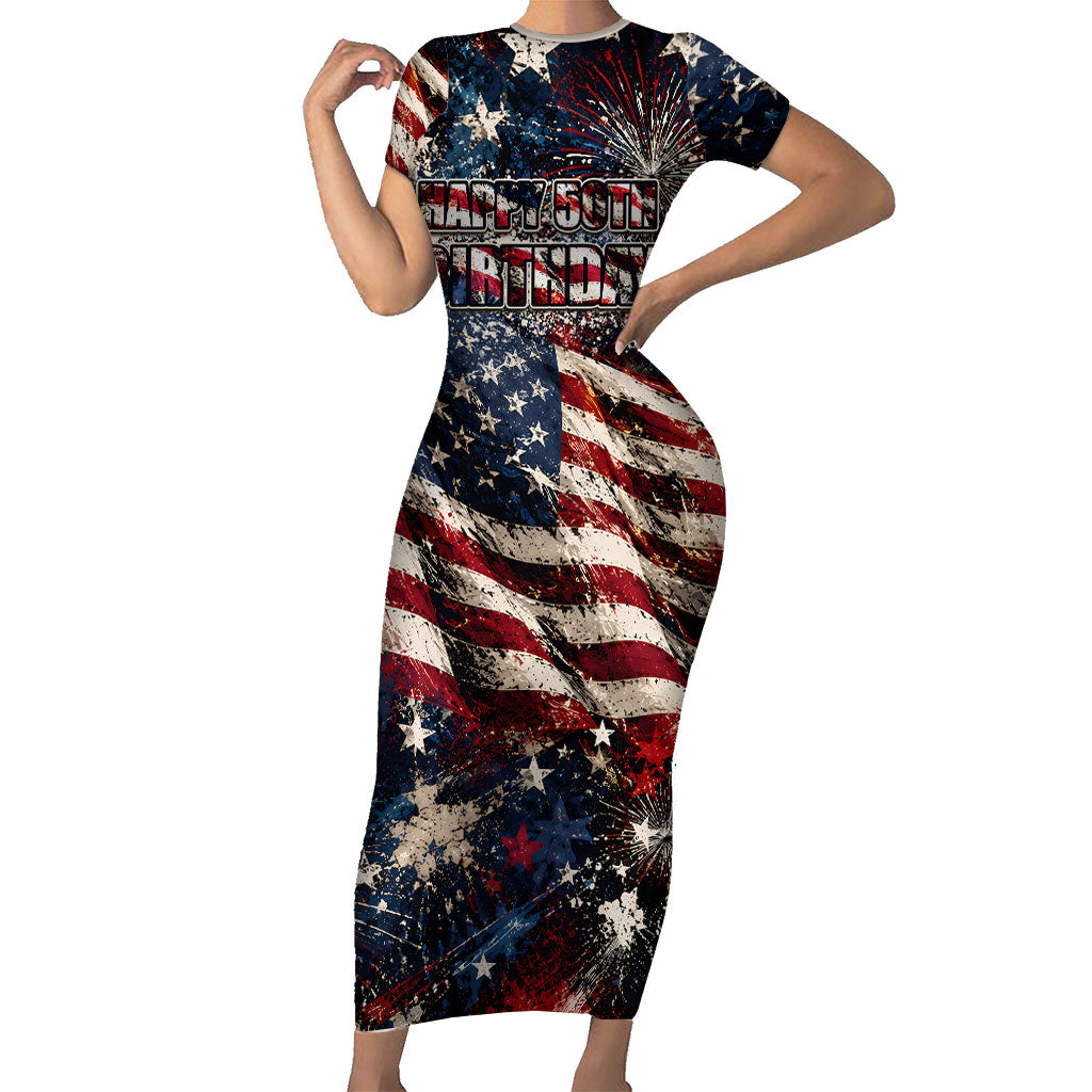 America Turns 250 Happy 50th Birthday Short Sleeve Bodycon Dress Patriotic Eagle US Flag Distressed Splatter