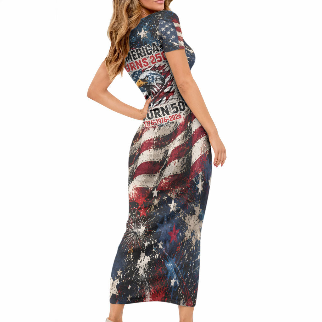 America Turns 250 Happy 50th Birthday Short Sleeve Bodycon Dress Patriotic Eagle US Flag Distressed Splatter TS04