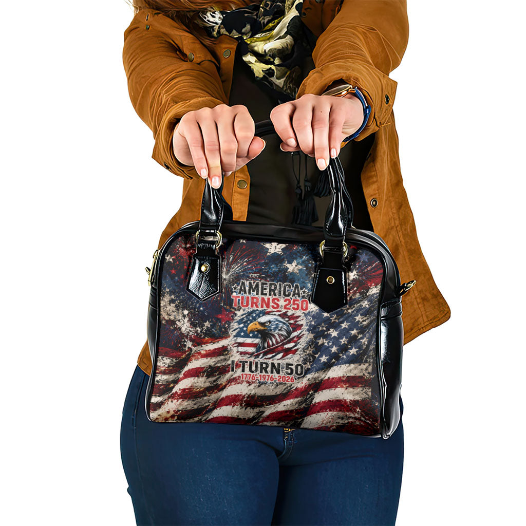 America Turns 250 Happy 50th Birthday Shoulder Handbag Patriotic Eagle US Flag Distressed Splatter