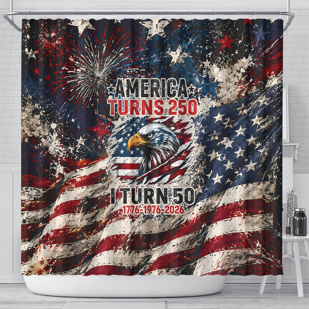 America Turns 250 Happy 50th Birthday Shower Curtain Patriotic Eagle US Flag Distressed Splatter