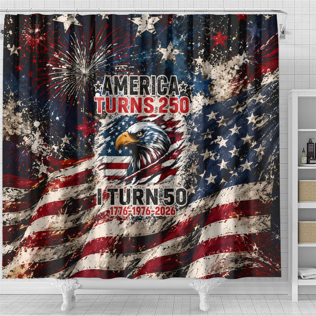America Turns 250 Happy 50th Birthday Shower Curtain Patriotic Eagle US Flag Distressed Splatter