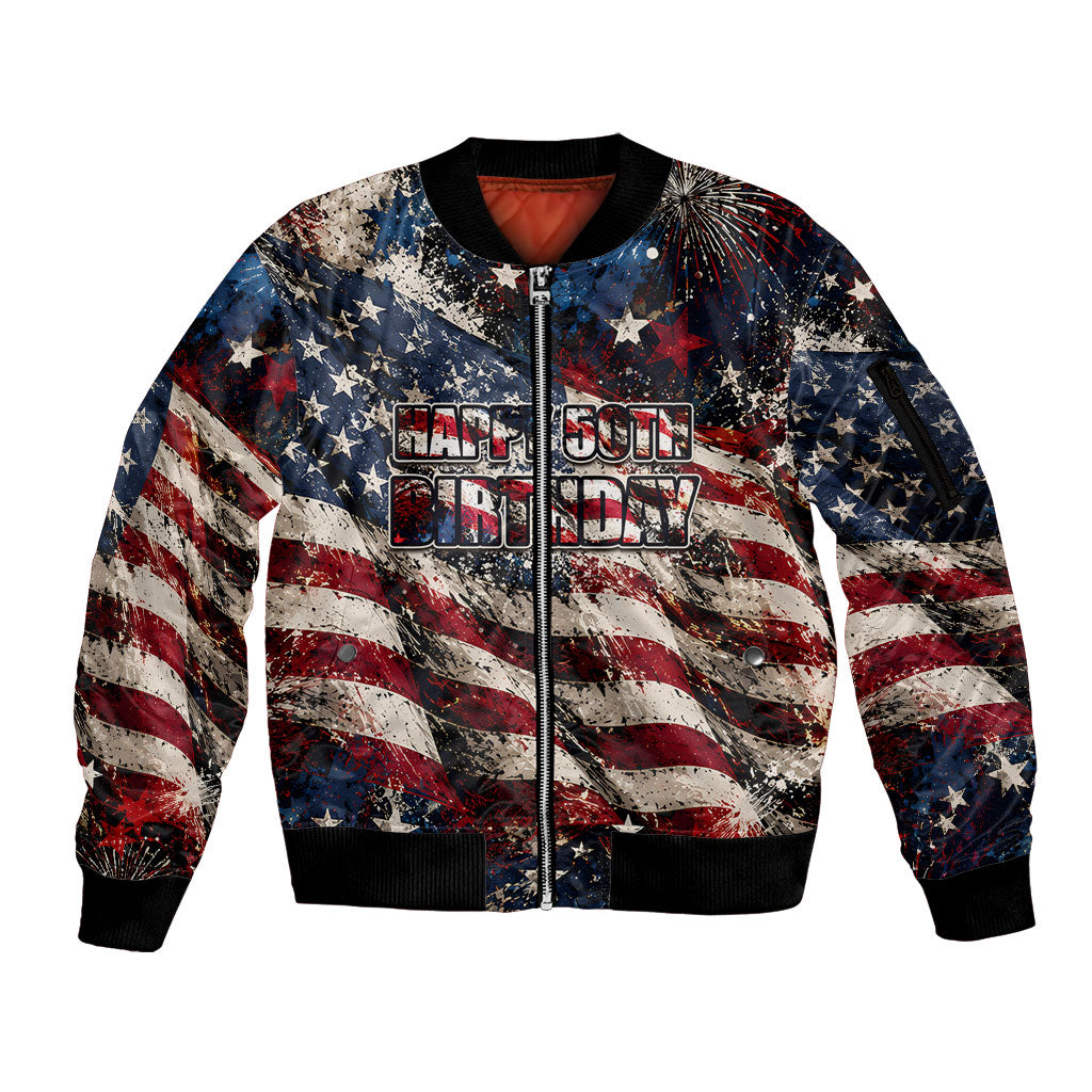 America Turns 250 Happy 50th Birthday Sleeve Zip Bomber Jacket Patriotic Eagle US Flag Distressed Splatter