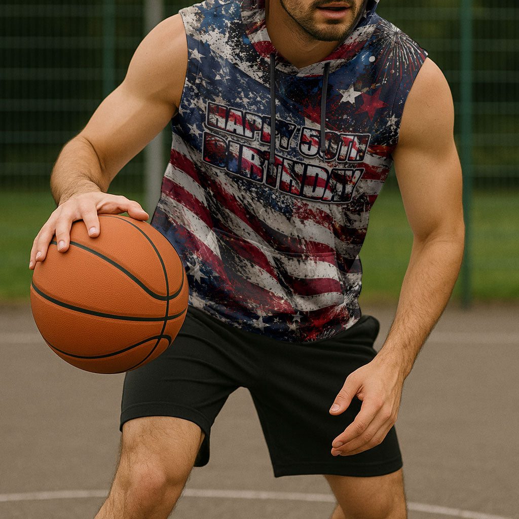 America Turns 250 Happy 50th Birthday Sleeveless Hoodie Patriotic Eagle US Flag Distressed Splatter