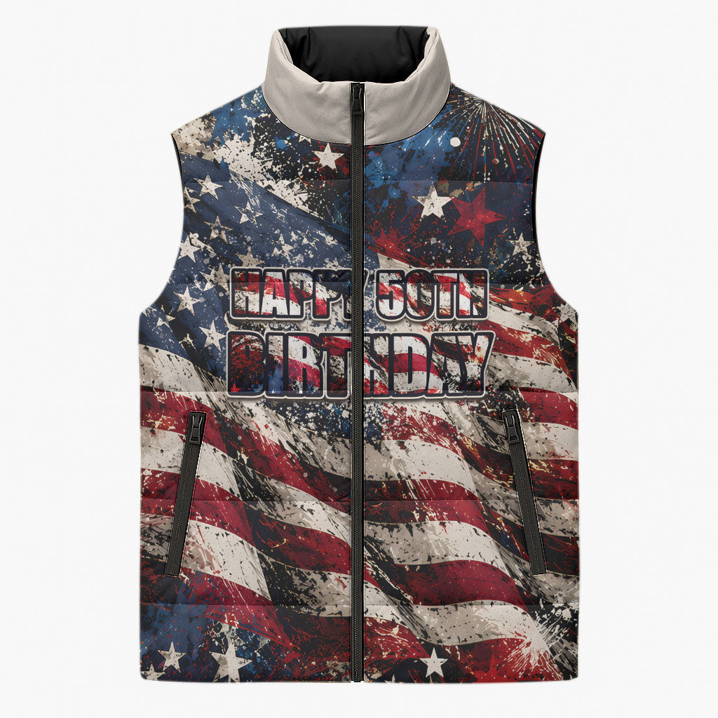 America Turns 250 Happy 50th Birthday Sleeveless Puffer Jacket Patriotic Eagle US Flag Distressed Splatter