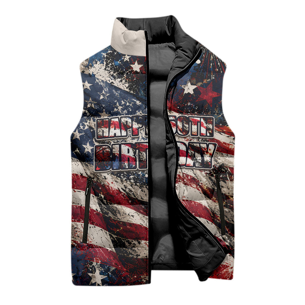 America Turns 250 Happy 50th Birthday Sleeveless Puffer Jacket Patriotic Eagle US Flag Distressed Splatter