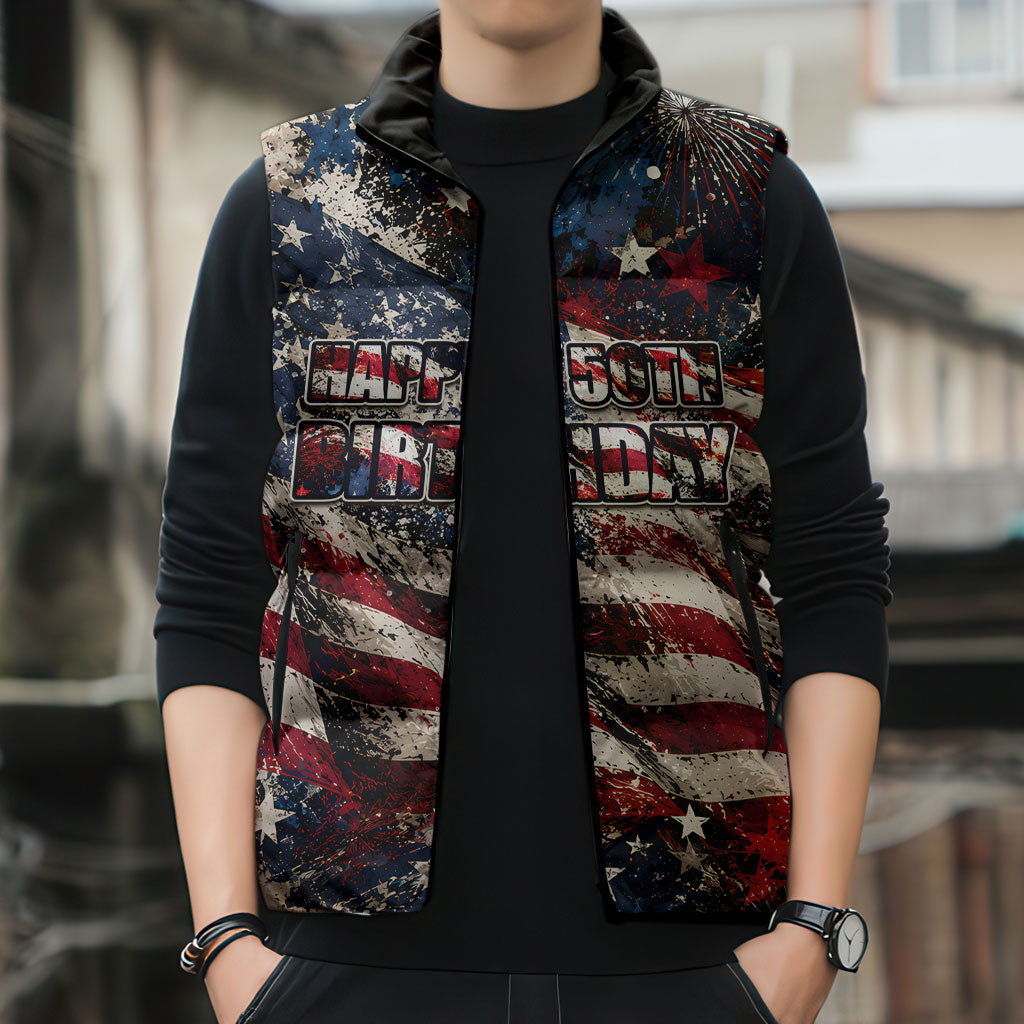 America Turns 250 Happy 50th Birthday Sleeveless Puffer Jacket Patriotic Eagle US Flag Distressed Splatter