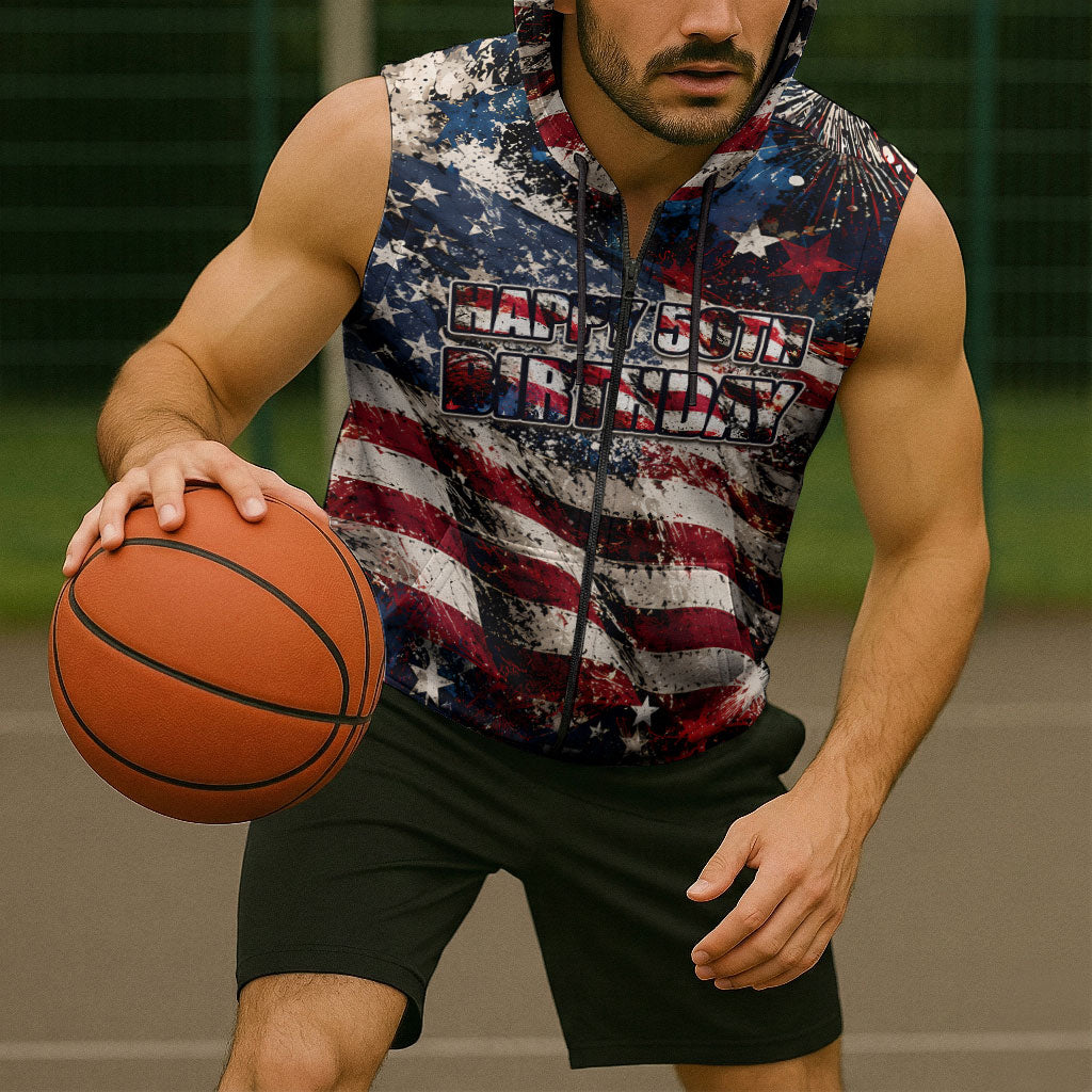 America Turns 250 Happy 50th Birthday Sleeveless Zip Hoodie Patriotic Eagle US Flag Distressed Splatter