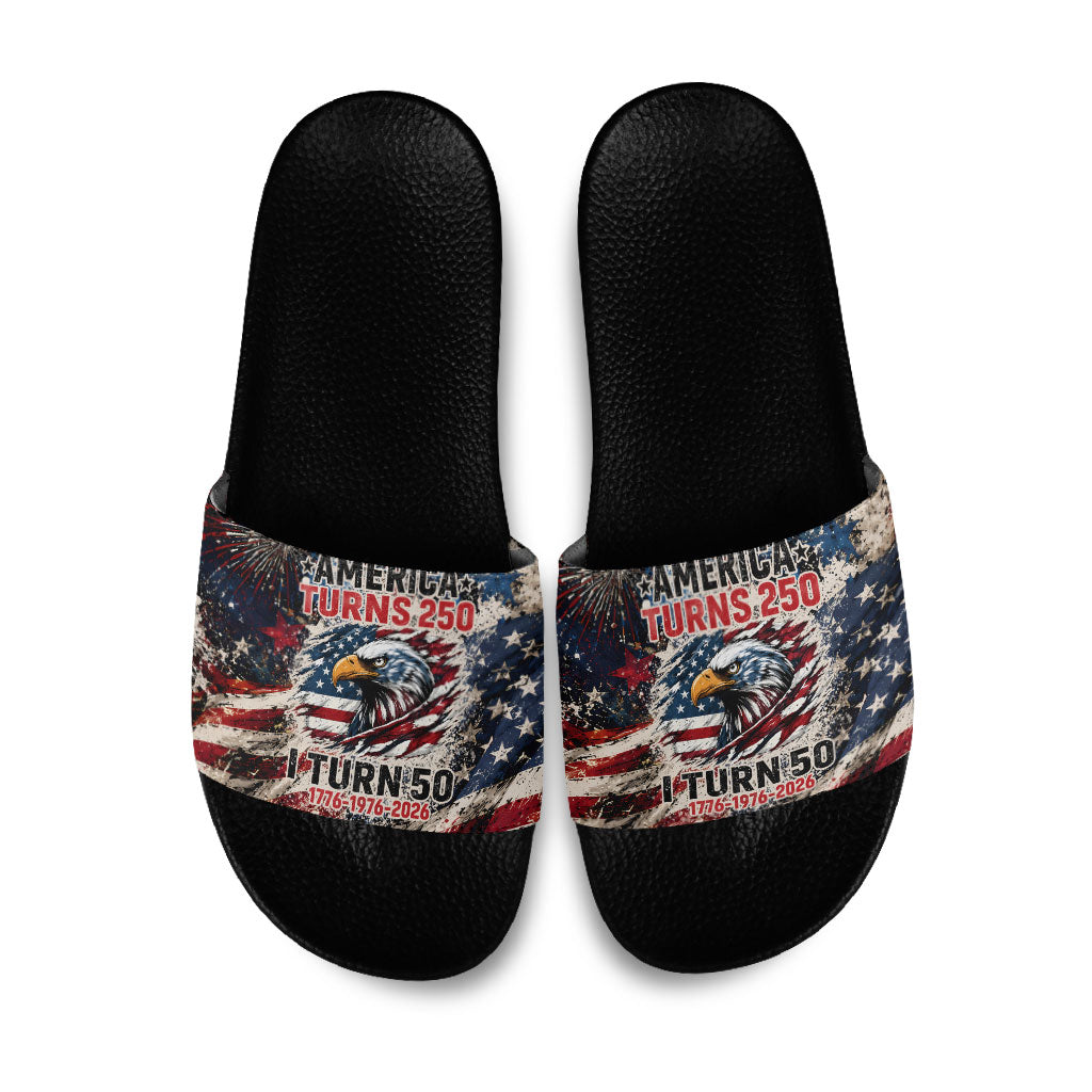 America Turns 250 Happy 50th Birthday Slide Sandals Patriotic Eagle US Flag Distressed Splatter