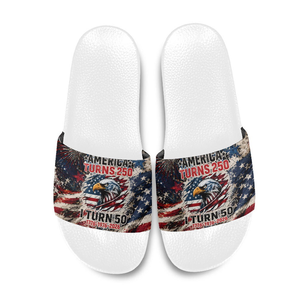 America Turns 250 Happy 50th Birthday Slide Sandals Patriotic Eagle US Flag Distressed Splatter