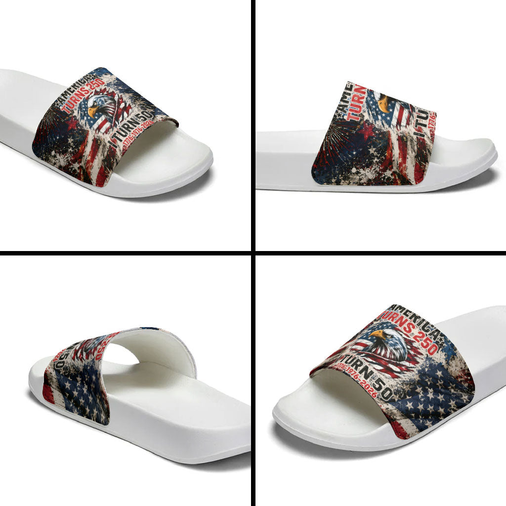 America Turns 250 Happy 50th Birthday Slide Sandals Patriotic Eagle US Flag Distressed Splatter