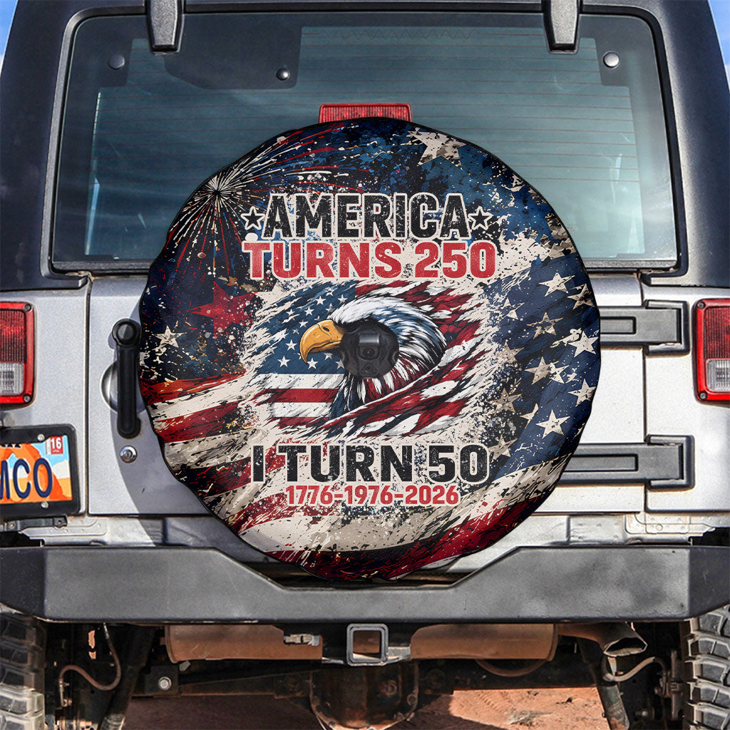 America Turns 250 Happy 50th Birthday Spare Tire Cover Patriotic Eagle US Flag Distressed Splatter