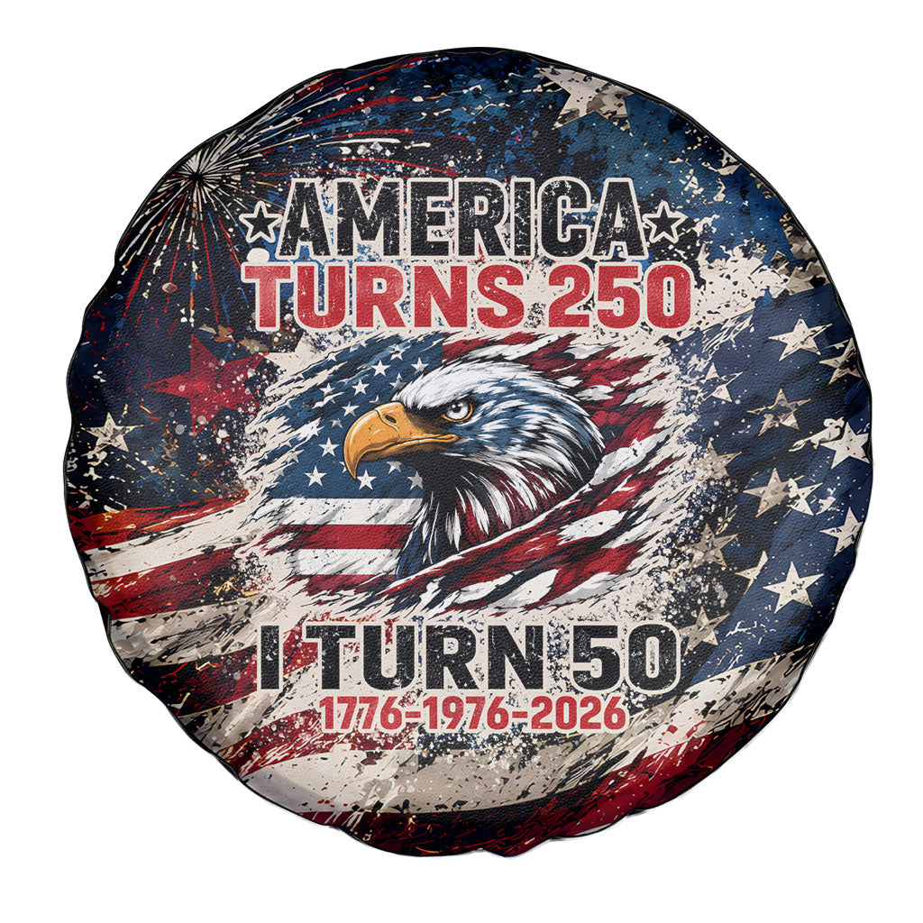 America Turns 250 Happy 50th Birthday Spare Tire Cover Patriotic Eagle US Flag Distressed Splatter