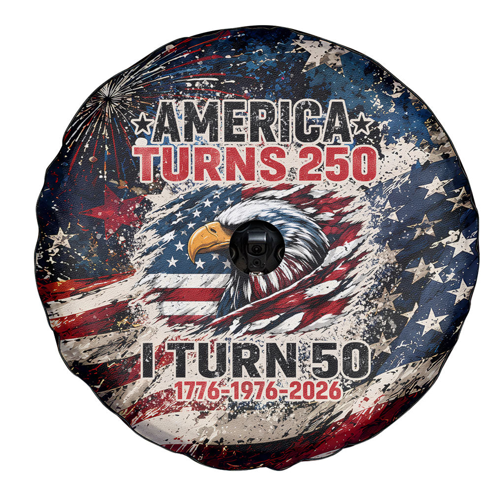 America Turns 250 Happy 50th Birthday Spare Tire Cover Patriotic Eagle US Flag Distressed Splatter