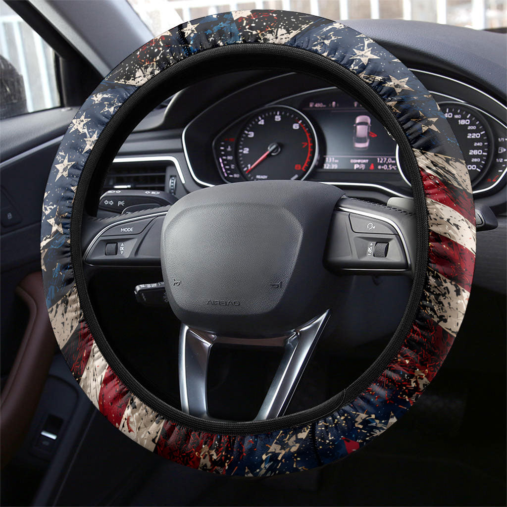 America Turns 250 Happy 50th Birthday Steering Wheel Cover Patriotic Eagle US Flag Distressed Splatter