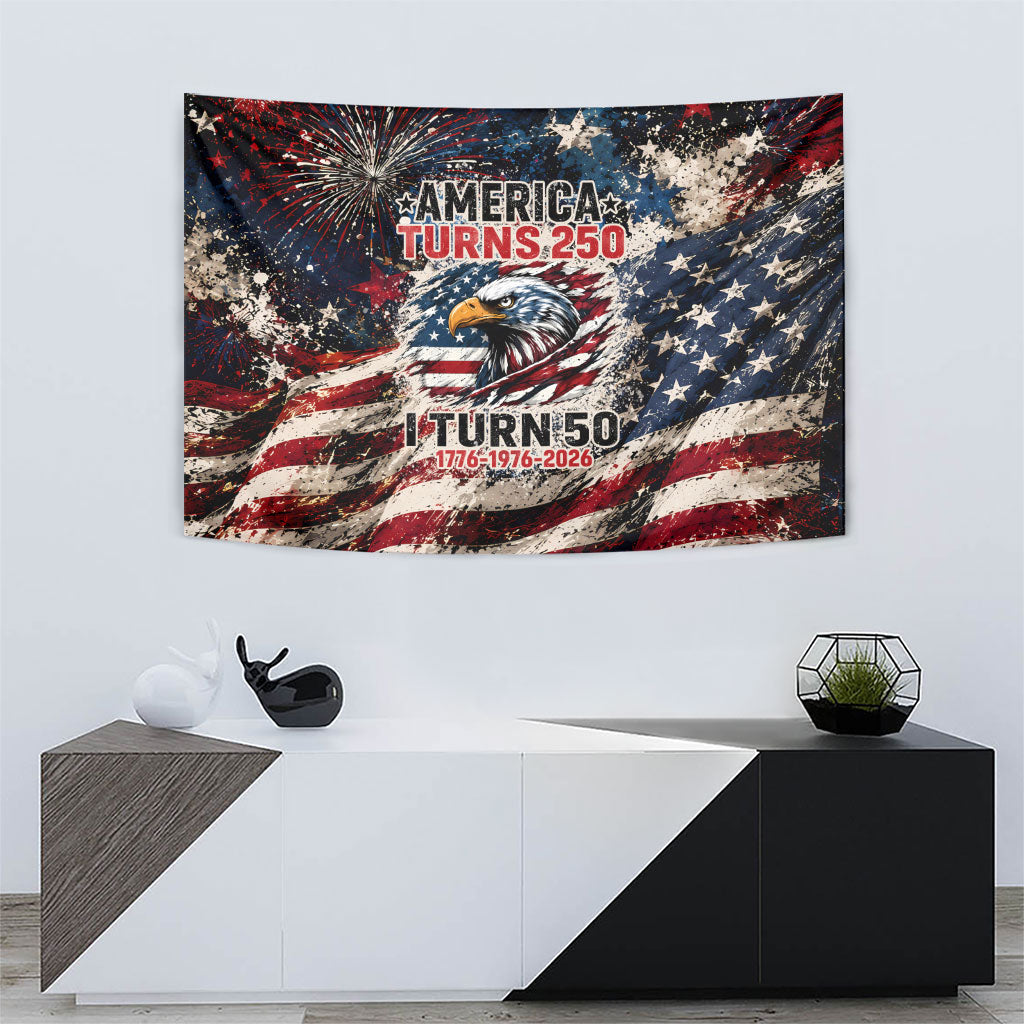 America Turns 250 Happy 50th Birthday Tapestry Patriotic Eagle US Flag Distressed Splatter