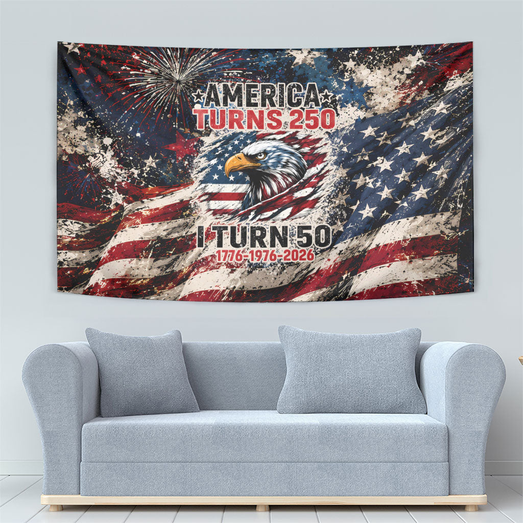 America Turns 250 Happy 50th Birthday Tapestry Patriotic Eagle US Flag Distressed Splatter