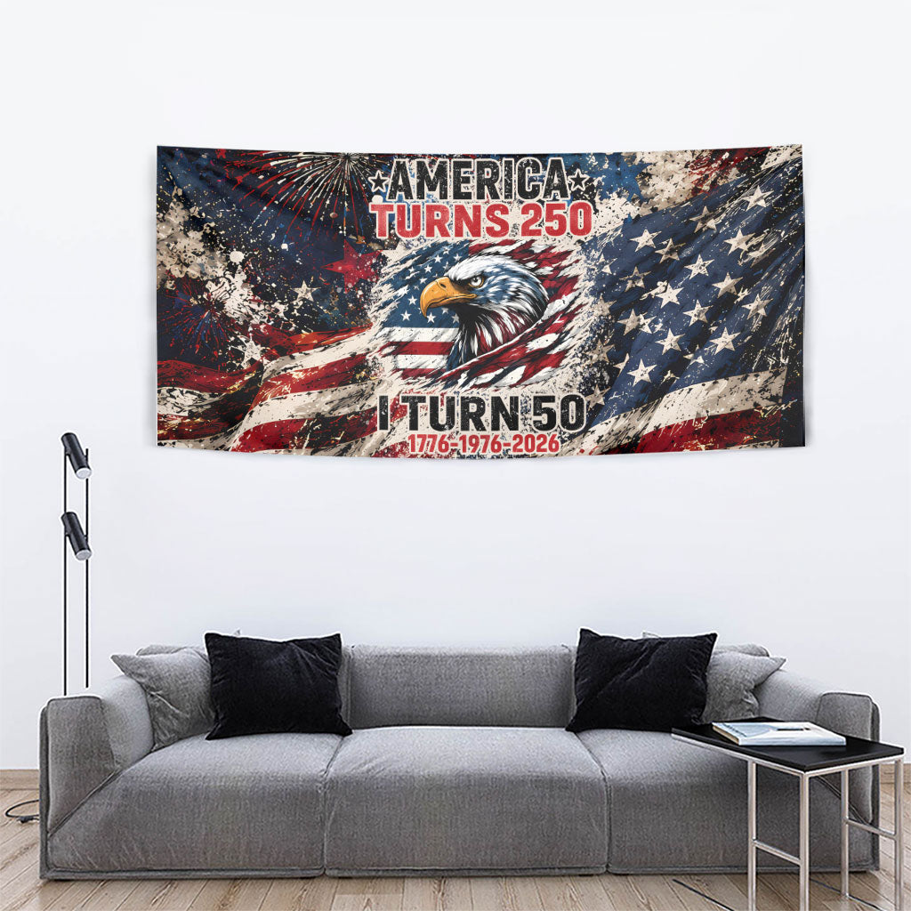 America Turns 250 Happy 50th Birthday Tapestry Patriotic Eagle US Flag Distressed Splatter
