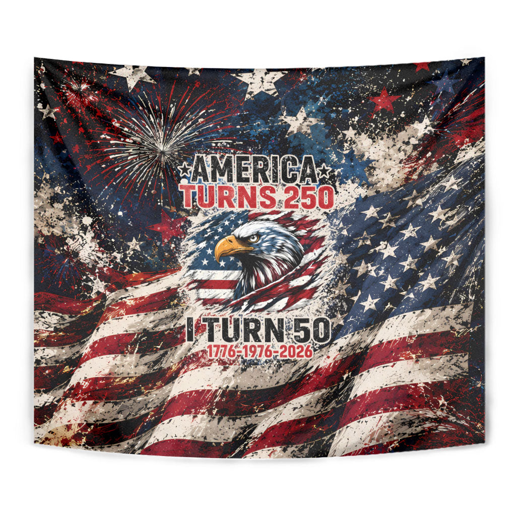 America Turns 250 Happy 50th Birthday Tapestry Patriotic Eagle US Flag Distressed Splatter