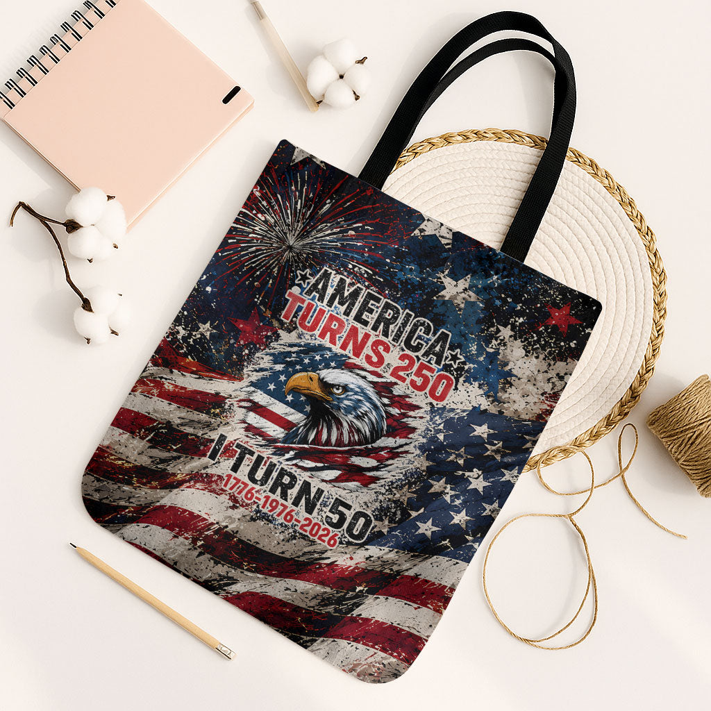 America Turns 250 Happy 50th Birthday Tote Bag Patriotic Eagle US Flag Distressed Splatter