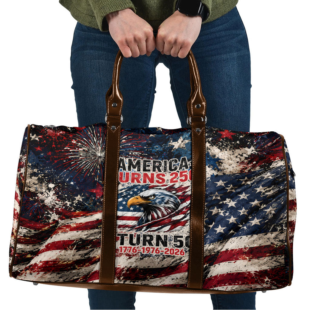 America Turns 250 Happy 50th Birthday Travel Bag Patriotic Eagle US Flag Distressed Splatter