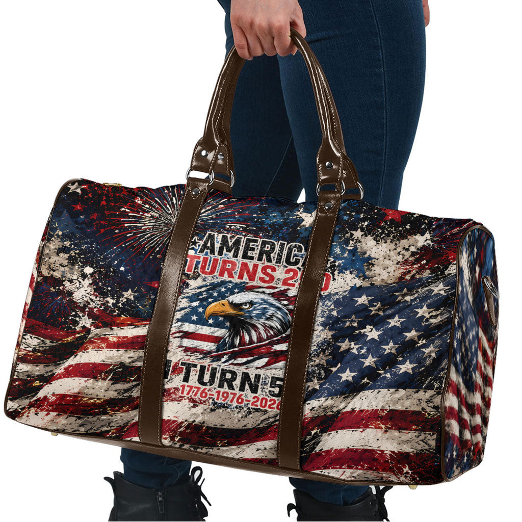 America Turns 250 Happy 50th Birthday Travel Bag Patriotic Eagle US Flag Distressed Splatter