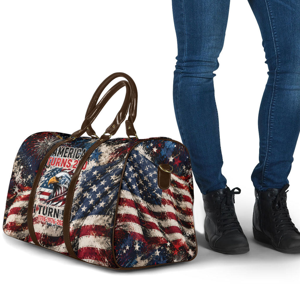 America Turns 250 Happy 50th Birthday Travel Bag Patriotic Eagle US Flag Distressed Splatter