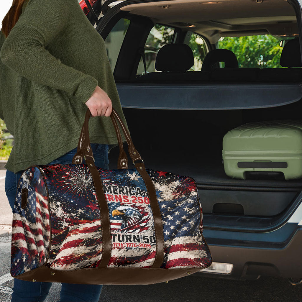 America Turns 250 Happy 50th Birthday Travel Bag Patriotic Eagle US Flag Distressed Splatter