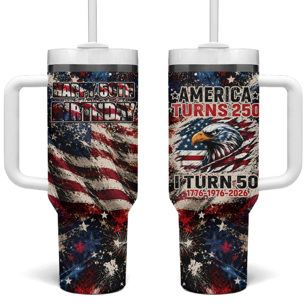 America Turns 250 Happy 50th Birthday Tumbler With Handle Patriotic Eagle US Flag Distressed Splatter