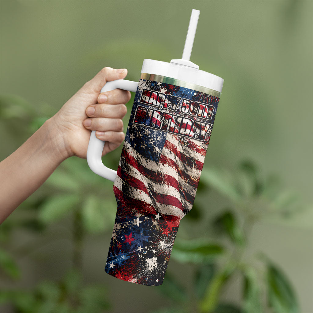 America Turns 250 Happy 50th Birthday Tumbler With Handle Patriotic Eagle US Flag Distressed Splatter