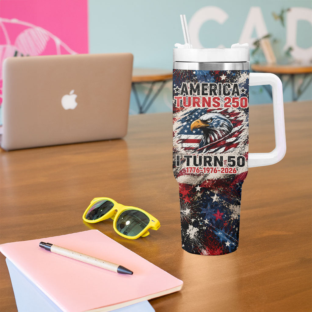 America Turns 250 Happy 50th Birthday Tumbler With Handle Patriotic Eagle US Flag Distressed Splatter