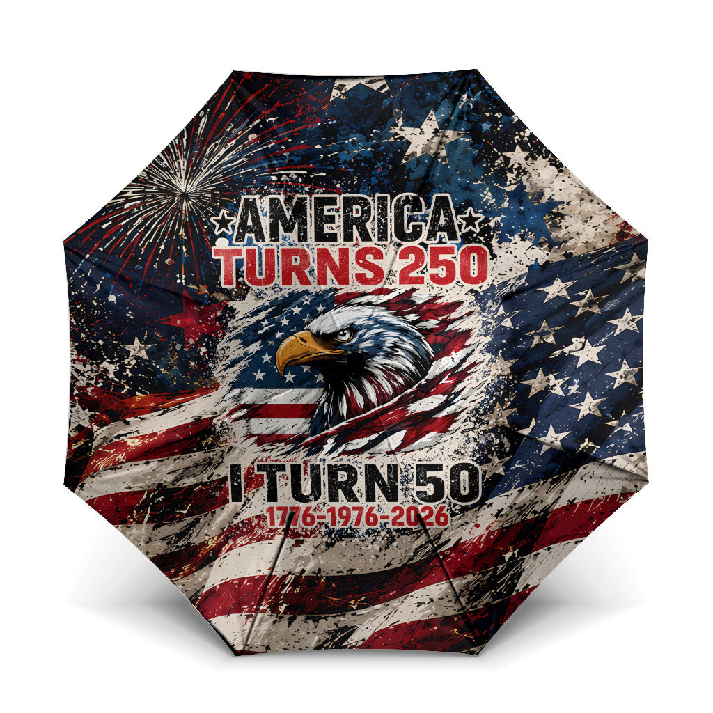 America Turns 250 Happy 50th Birthday Umbrella Patriotic Eagle US Flag Distressed Splatter