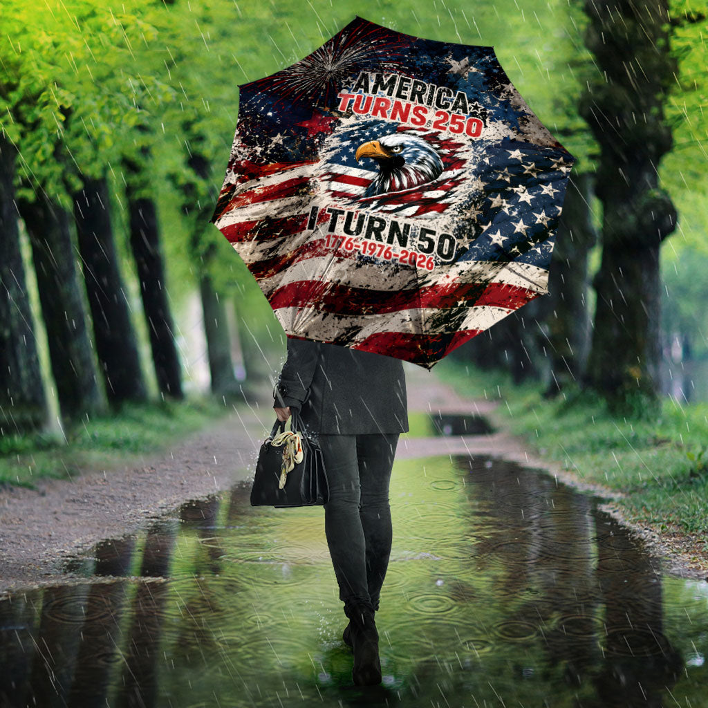 America Turns 250 Happy 50th Birthday Umbrella Patriotic Eagle US Flag Distressed Splatter