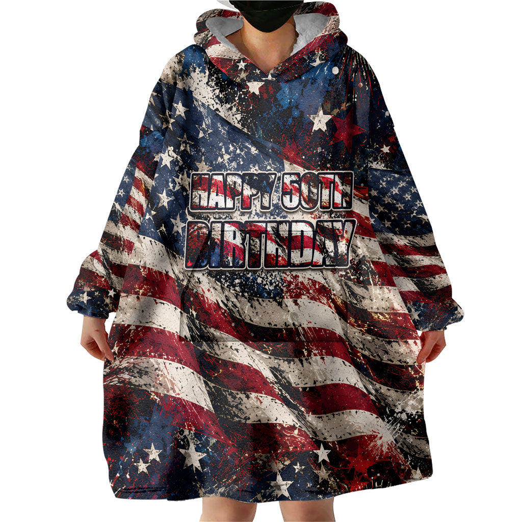 America Turns 250 Happy 50th Birthday Wearable Blanket Hoodie Patriotic Eagle US Flag Distressed Splatter