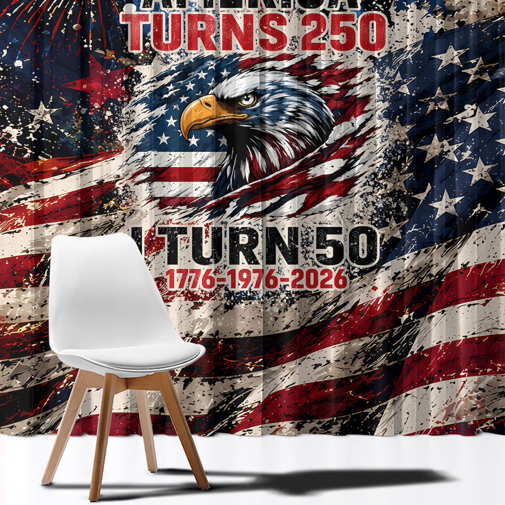 America Turns 250 Happy 50th Birthday Window Curtain Patriotic Eagle US Flag Distressed Splatter