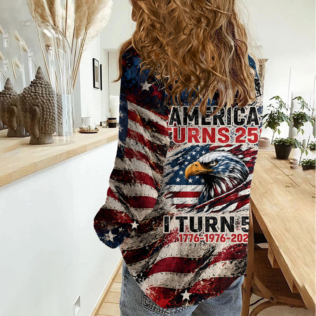 America Turns 250 Happy 50th Birthday Women Casual Shirt Patriotic Eagle US Flag Distressed Splatter