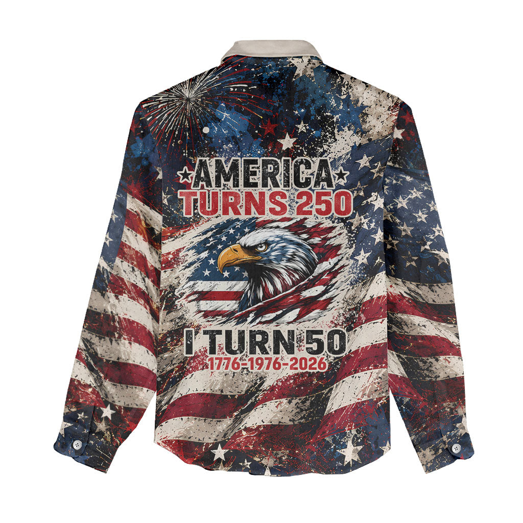 America Turns 250 Happy 50th Birthday Women Casual Shirt Patriotic Eagle US Flag Distressed Splatter