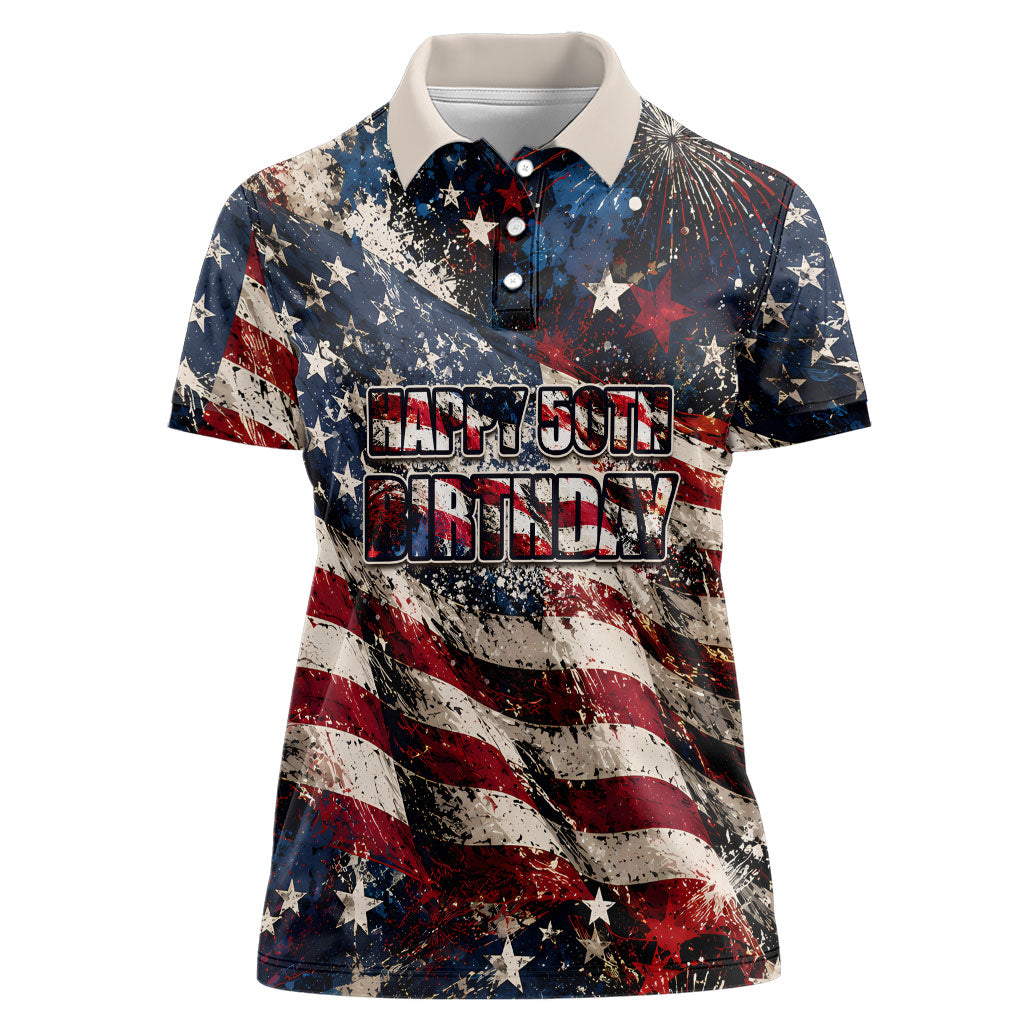America Turns 250 Happy 50th Birthday Women Polo Shirt Patriotic Eagle US Flag Distressed Splatter