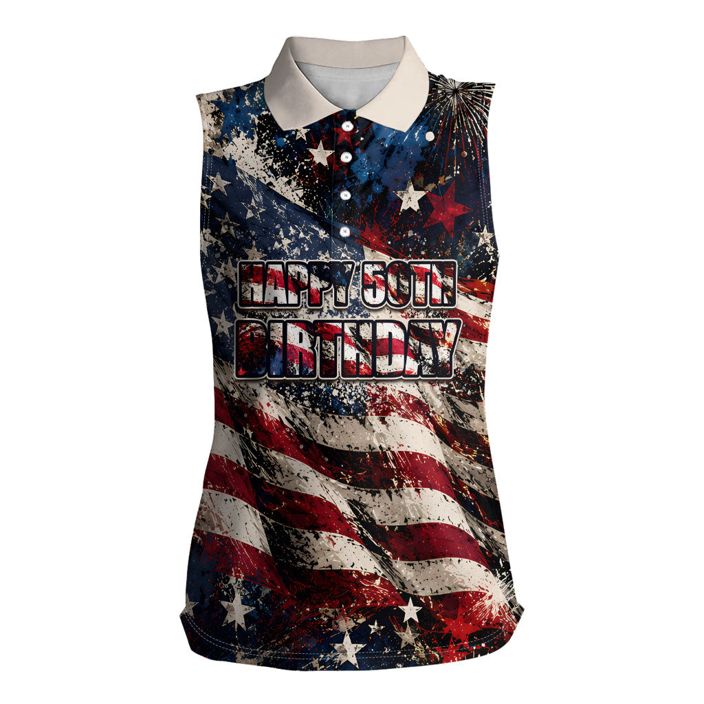 America Turns 250 Happy 50th Birthday Women Sleeveless Polo Shirt Patriotic Eagle US Flag Distressed Splatter