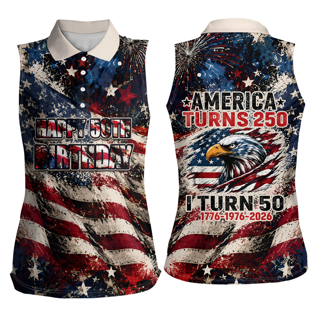America Turns 250 Happy 50th Birthday Women Sleeveless Polo Shirt Patriotic Eagle US Flag Distressed Splatter