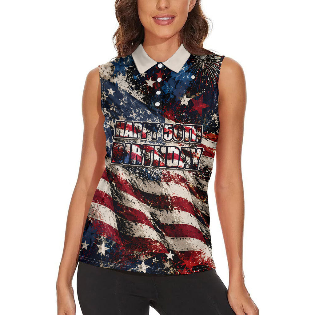America Turns 250 Happy 50th Birthday Women Sleeveless Polo Shirt Patriotic Eagle US Flag Distressed Splatter