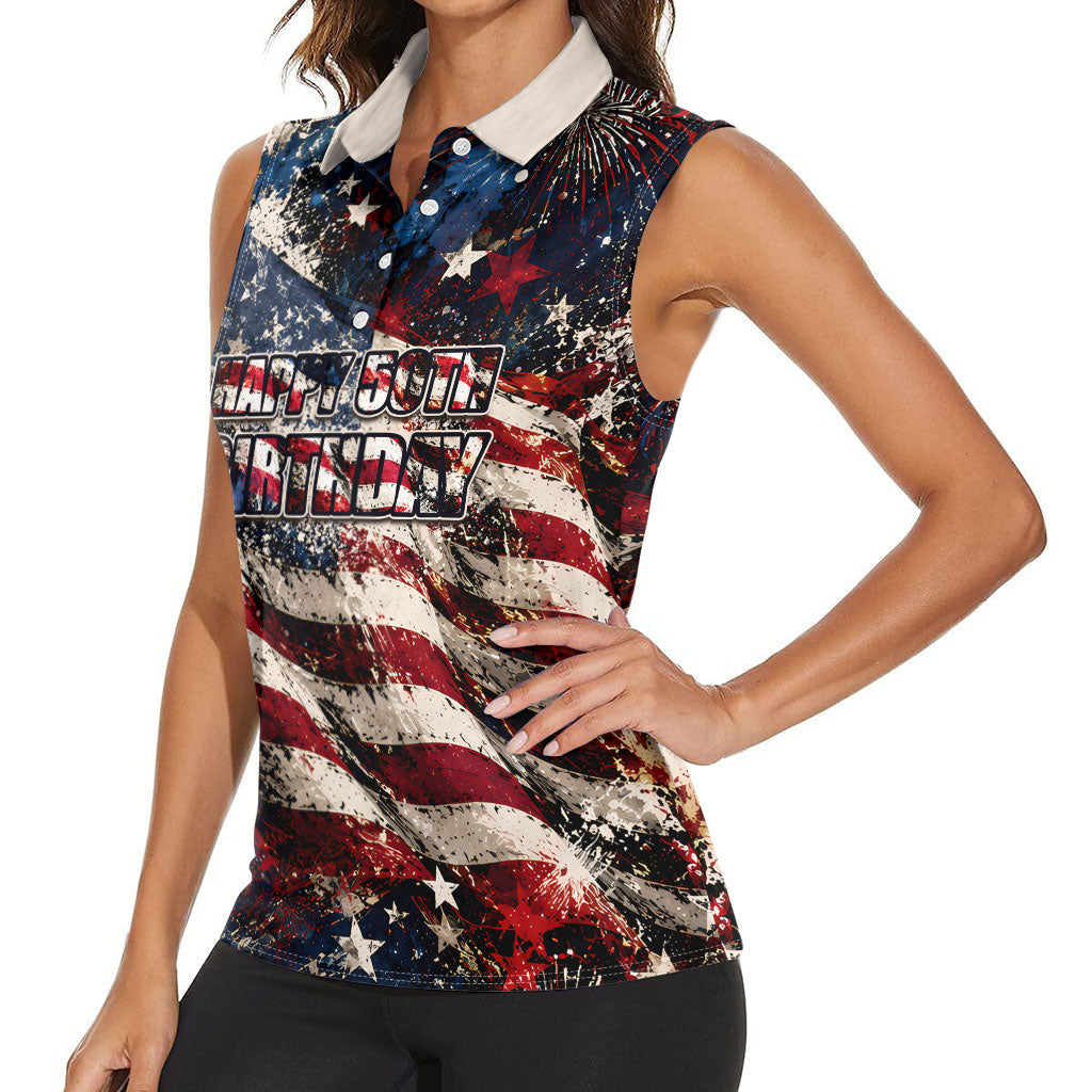 America Turns 250 Happy 50th Birthday Women Sleeveless Polo Shirt Patriotic Eagle US Flag Distressed Splatter