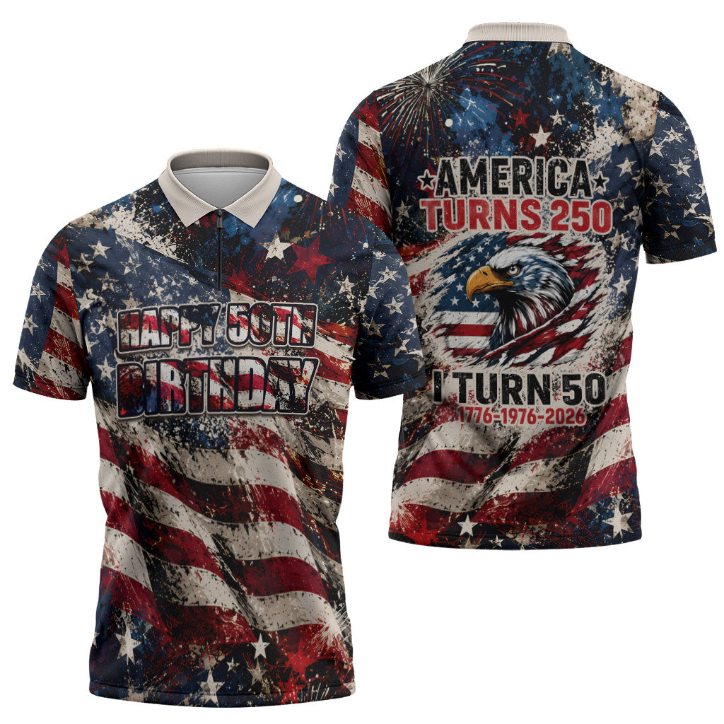 America Turns 250 Happy 50th Birthday Zipper Polo Shirt Patriotic Eagle US Flag Distressed Splatter