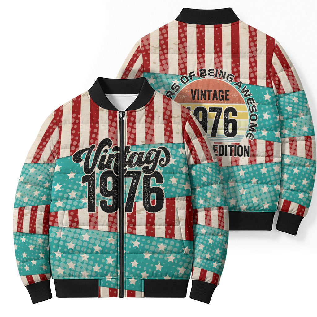 America Vintage 1976 50th Birthday Bomber Puffer Jacket Retro Sunset Patriotic