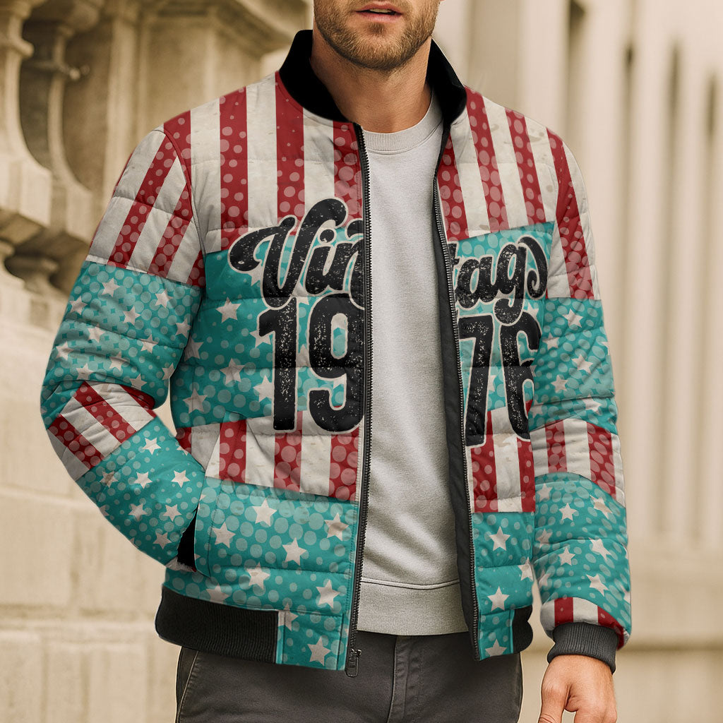 America Vintage 1976 50th Birthday Bomber Puffer Jacket Retro Sunset Patriotic