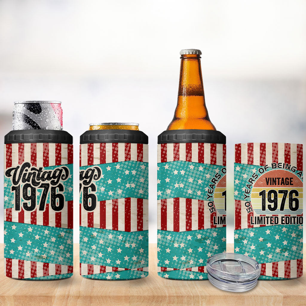 America Vintage 1976 50th Birthday 4 in 1 Can Cooler Tumbler Retro Sunset Patriotic