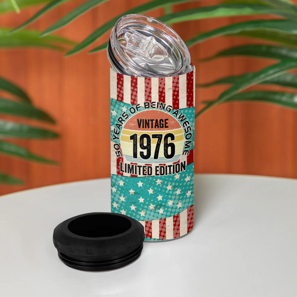 America Vintage 1976 50th Birthday 4 in 1 Can Cooler Tumbler Retro Sunset Patriotic