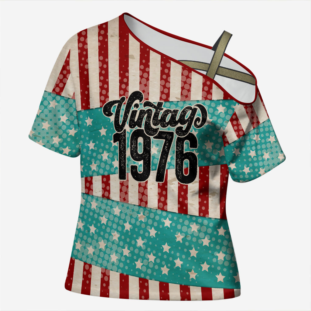 America Vintage 1976 50th Birthday Cross Shoulder Shirt Retro Sunset Patriotic