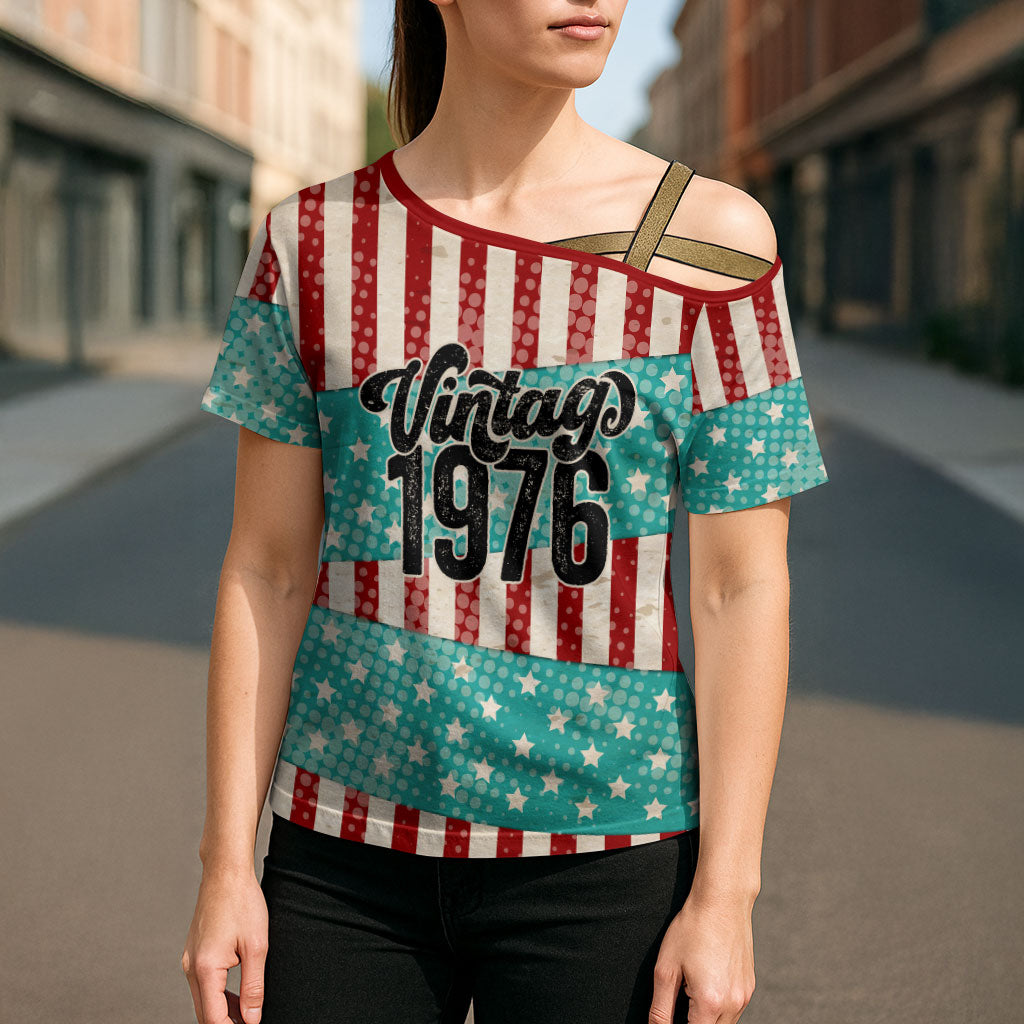 America Vintage 1976 50th Birthday Cross Shoulder Shirt Retro Sunset Patriotic