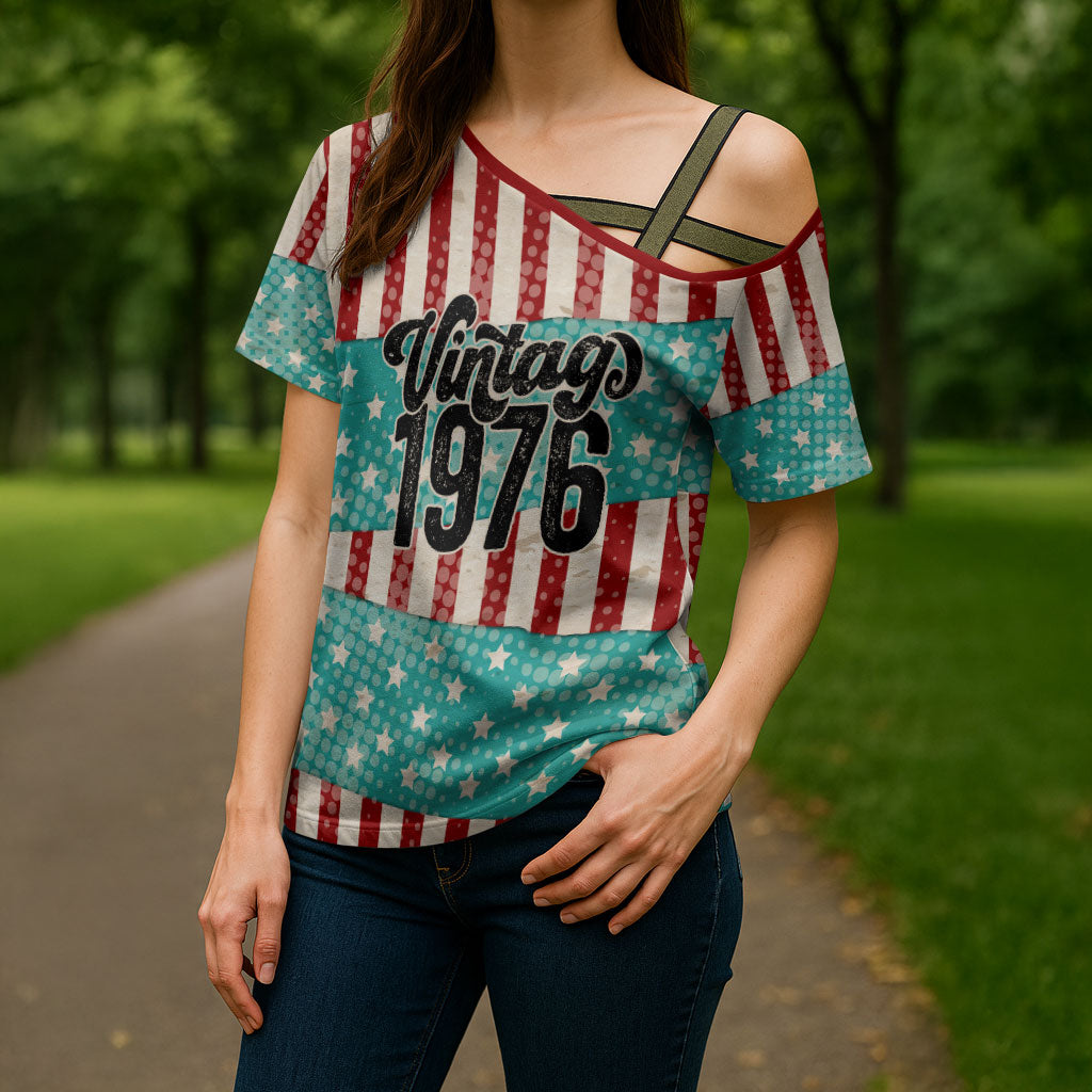 America Vintage 1976 50th Birthday Cross Shoulder Shirt Retro Sunset Patriotic