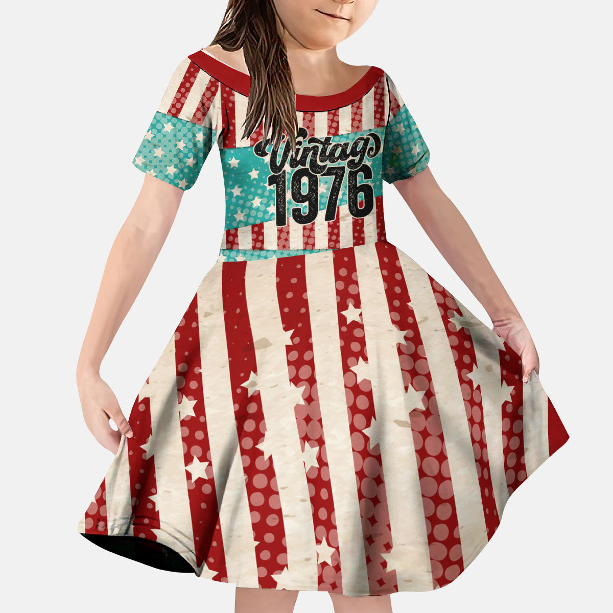 America Vintage 1976 50th Birthday Kid Short Sleeve Dress Retro Sunset Patriotic